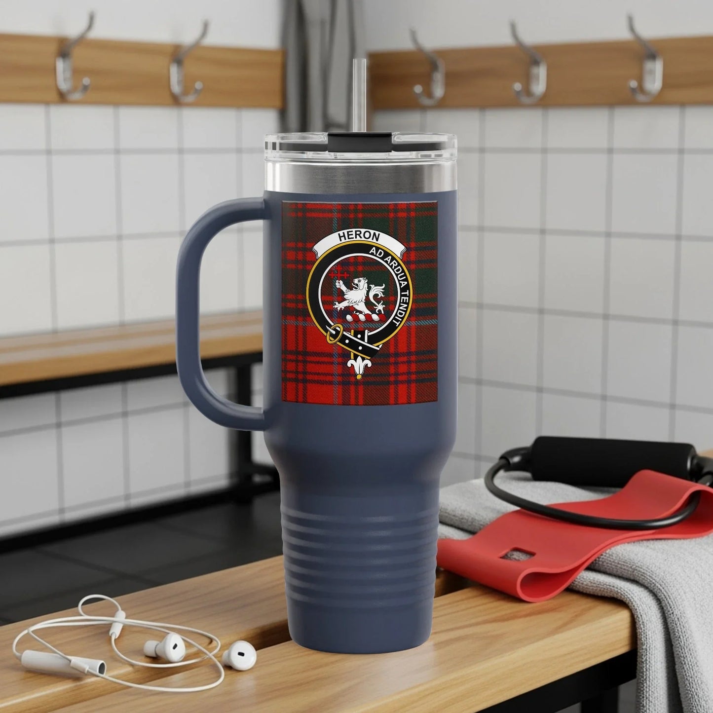 Large Coffee Mug with Heron Design on Plaid Product