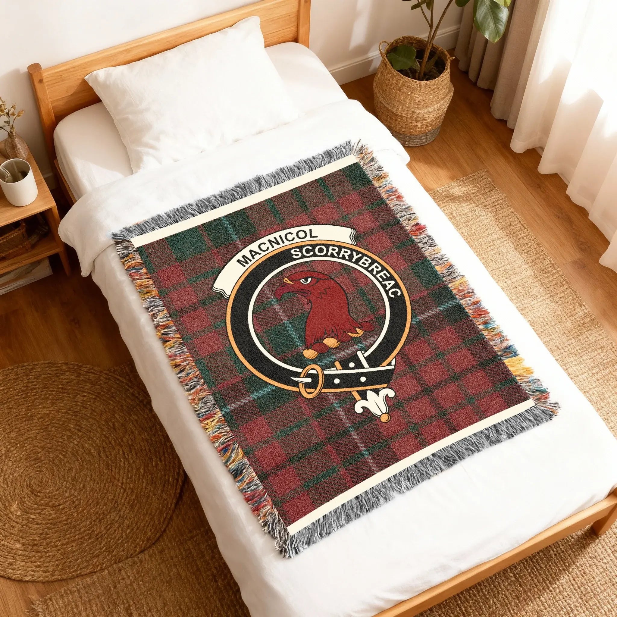 MacNicol Scorrybreac woven blanket — red eagle clan crest and tartan in cotton weave