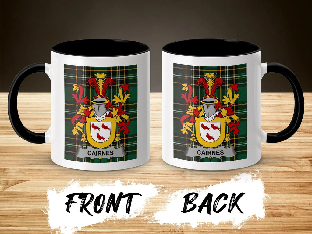 Two views of a white mug with a tartan pattern and the coat of arms of the surname "CAIRNES".