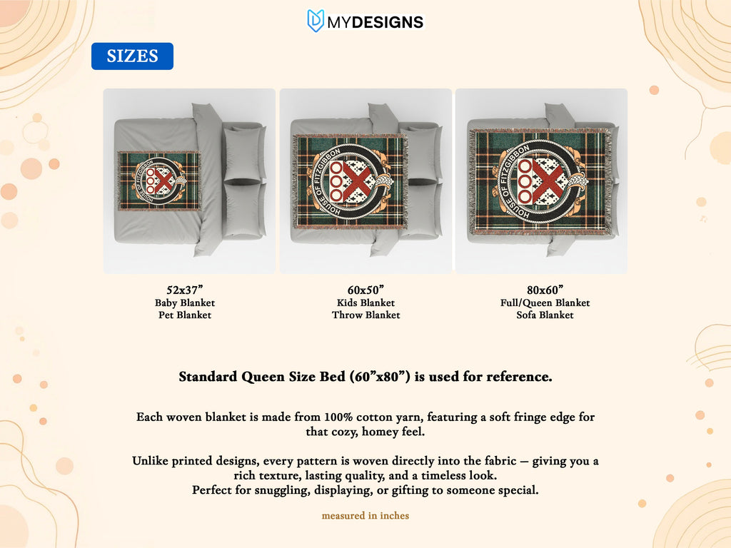 Fitzgibbon Irish National Tartan blanket size guide showing three sizes