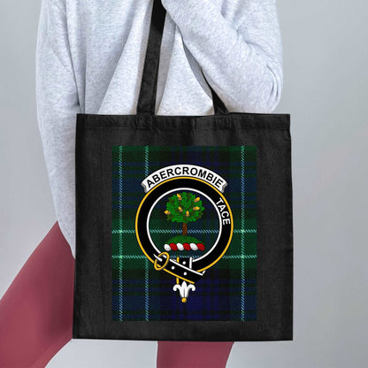 Abercrombie Clan Crest on Tartan Background Tote Bag - Living Stone Gifts