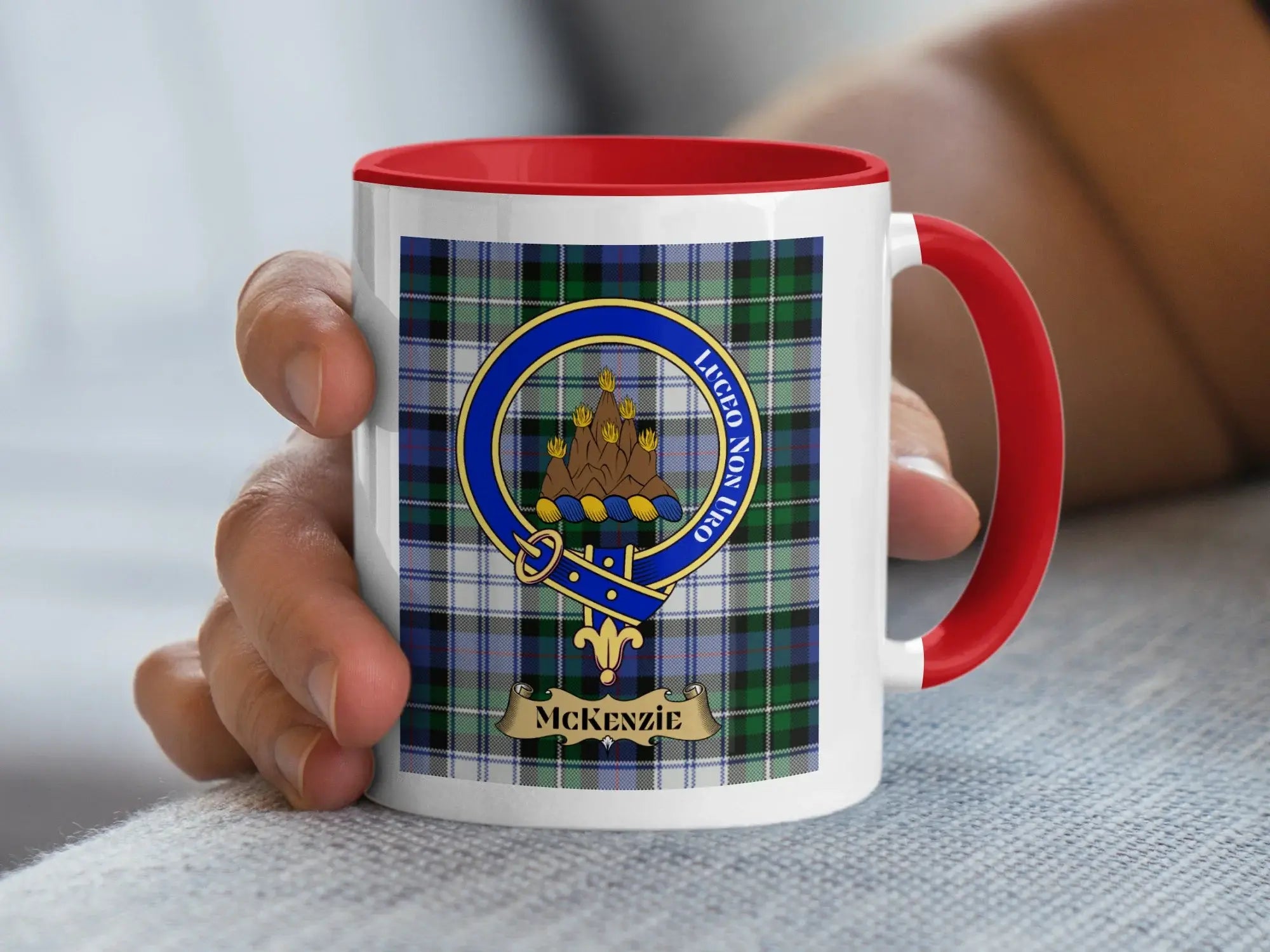 MacKenzie clan crest tartan mug with red handle — 11oz glossy ceramic, Scottish heritage
