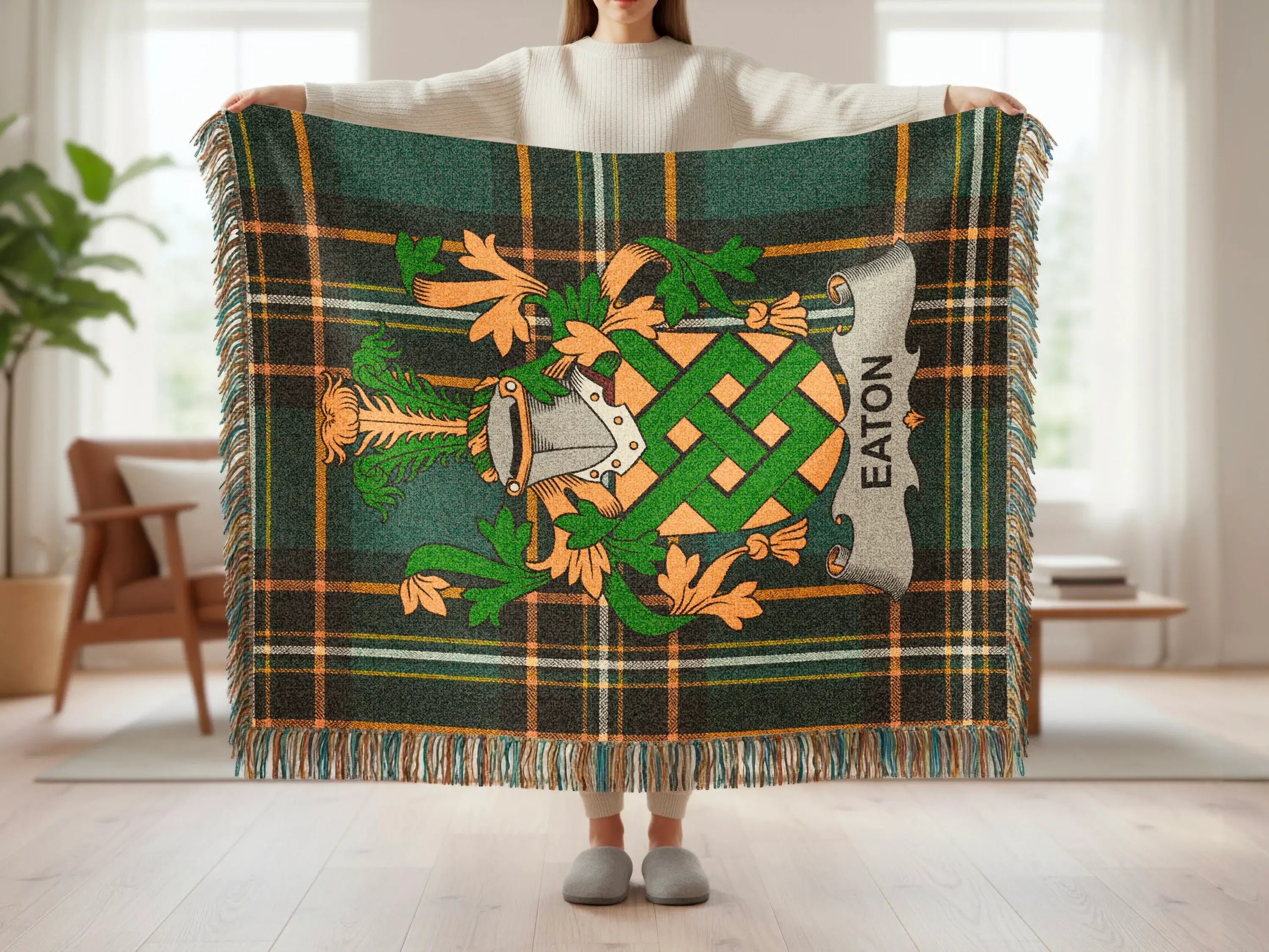 Eaton Tartan Plaid Green Gold Crested Fringe Throw product type
