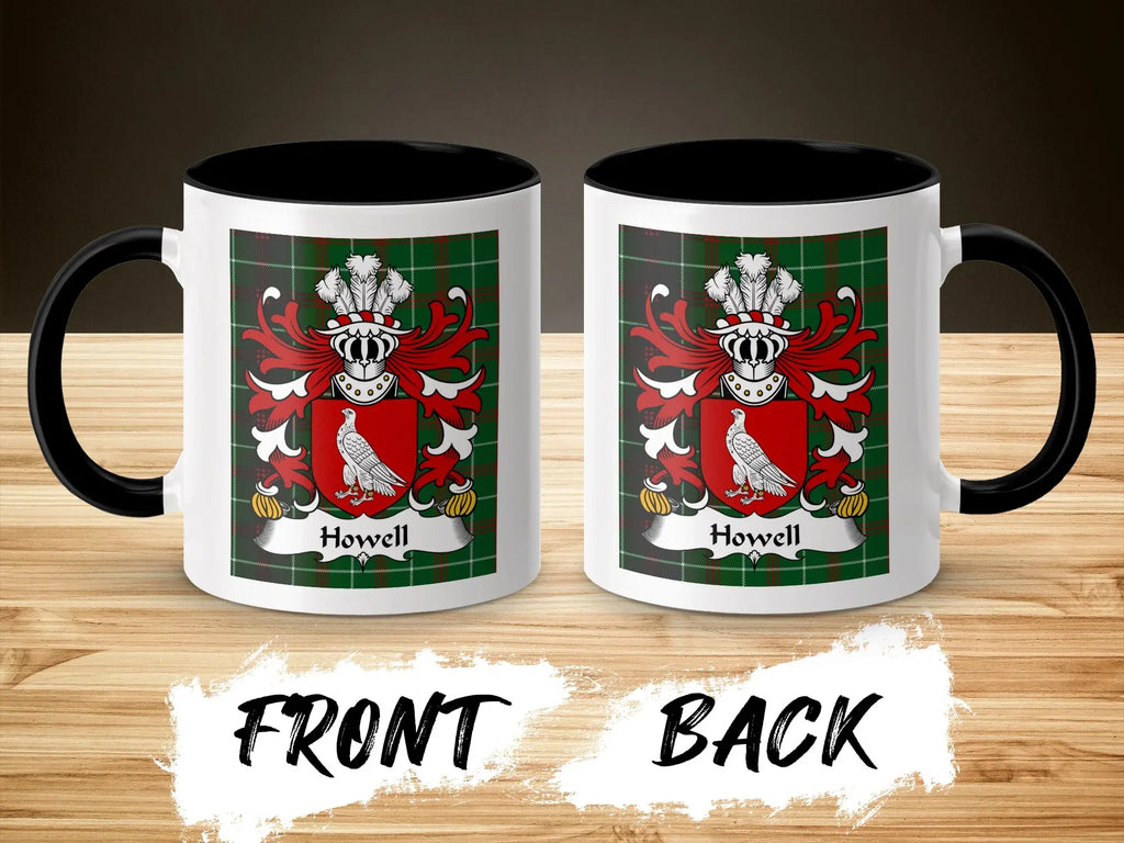 Howell Welsh surname coffee mug front and back with coat of arms on green plaid tartan
