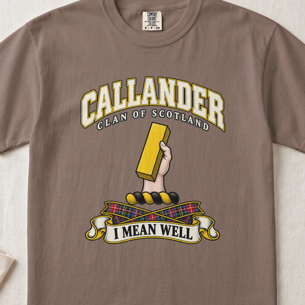 Callander Scottish clan T-shirt in Espresso, front view with a hand holding a gold rectangular bar and motto design.