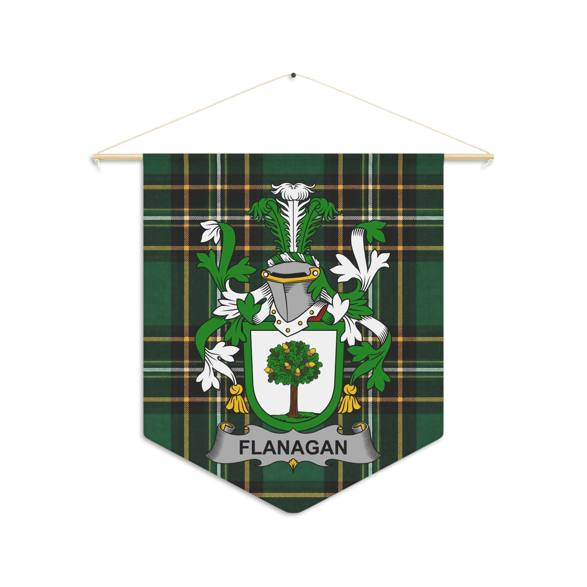 Flanagan family crest displayed on a green tartan pennant banner.
