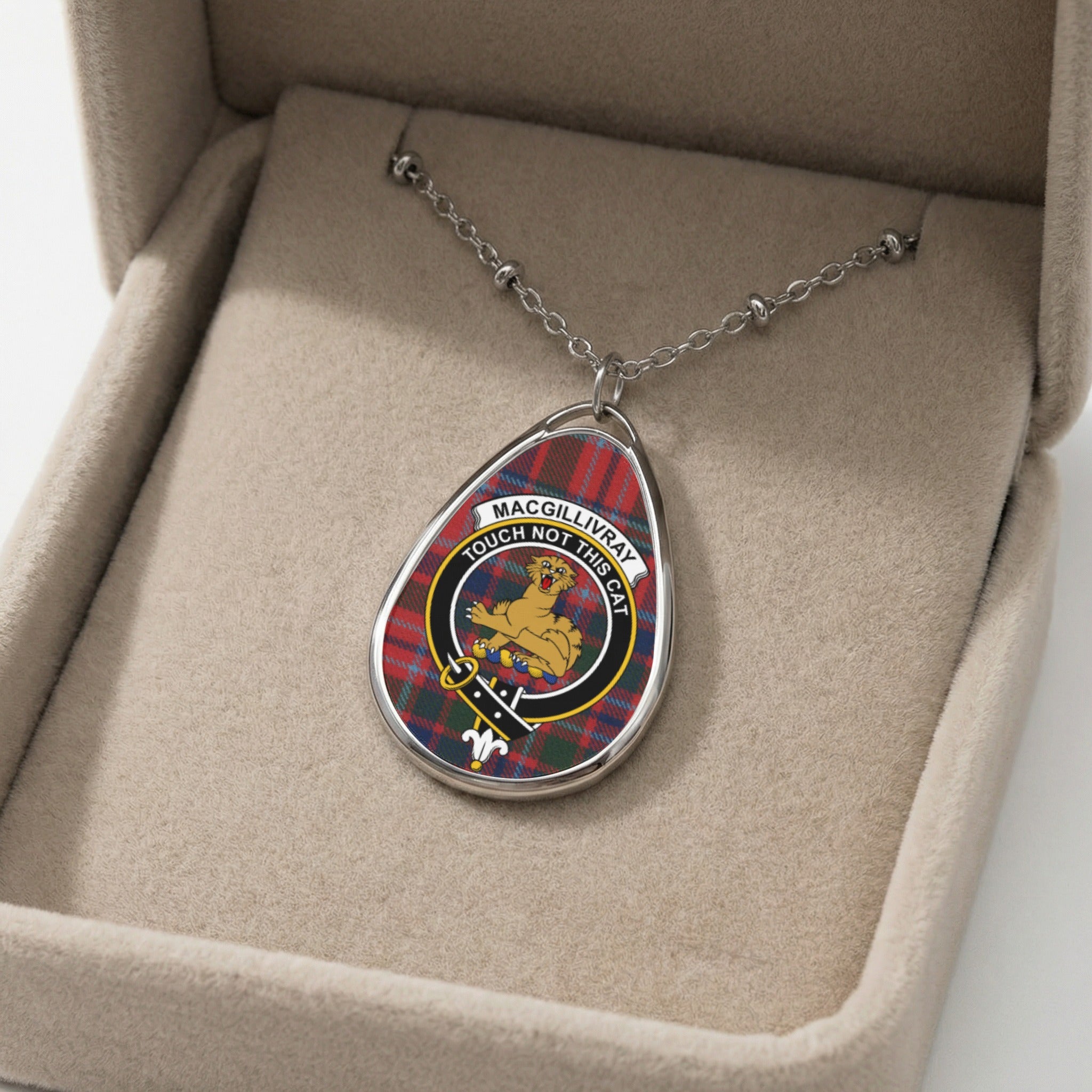 Oval pendant with tartan and MacGILLIVRAY family crest of a cat.