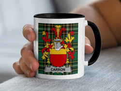 Carron Irish surname mug with family crest on an Irish National Tartan background.