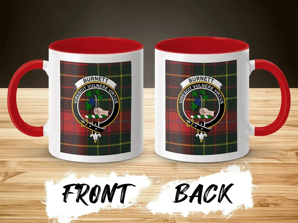 Burnett clan crest tartan mug — red handle, 11 oz ceramic