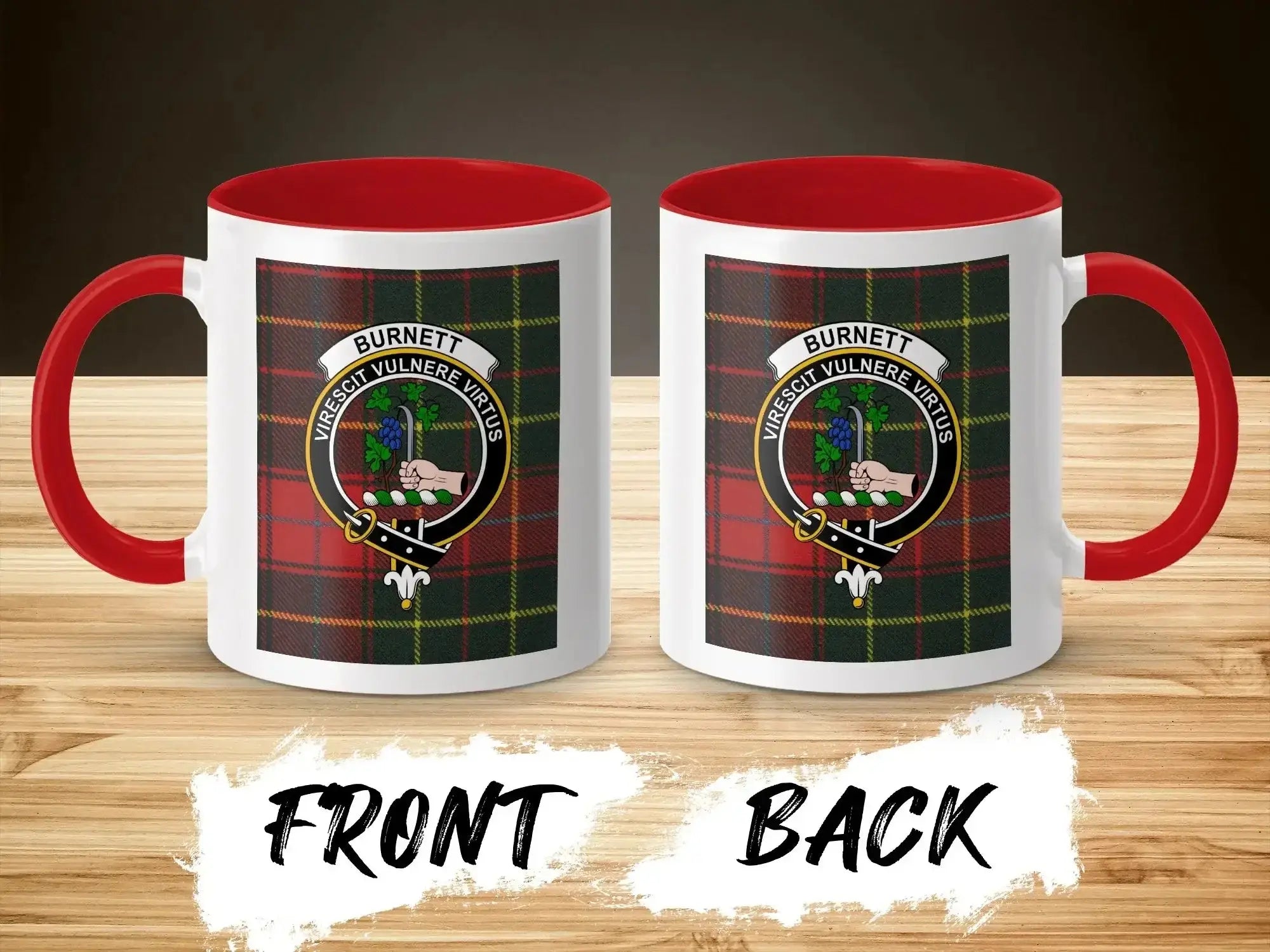 Burnett clan crest tartan mug — red handle, 11 oz ceramic