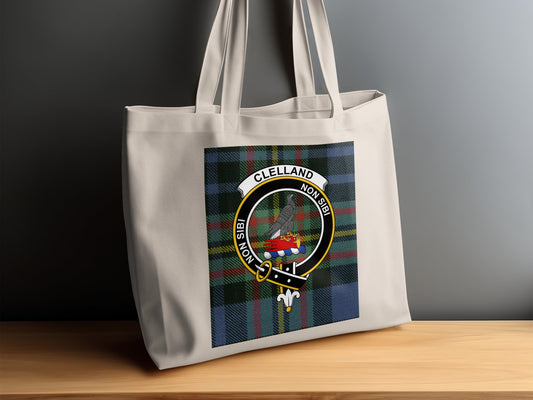 Clelland Clan Crest Scottish Tartan Background Tote Bag - Living Stone Gifts