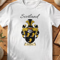 White Forman Scottish family shield T-shirt featuring three gold animal heads on black