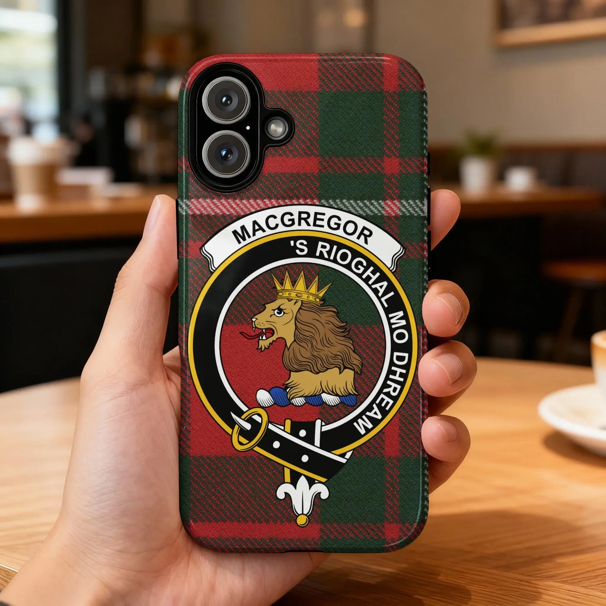 MacGregor clan crest tartan phone case — edge-to-edge plaid design with 'S Rioghal Mo Dhream motto