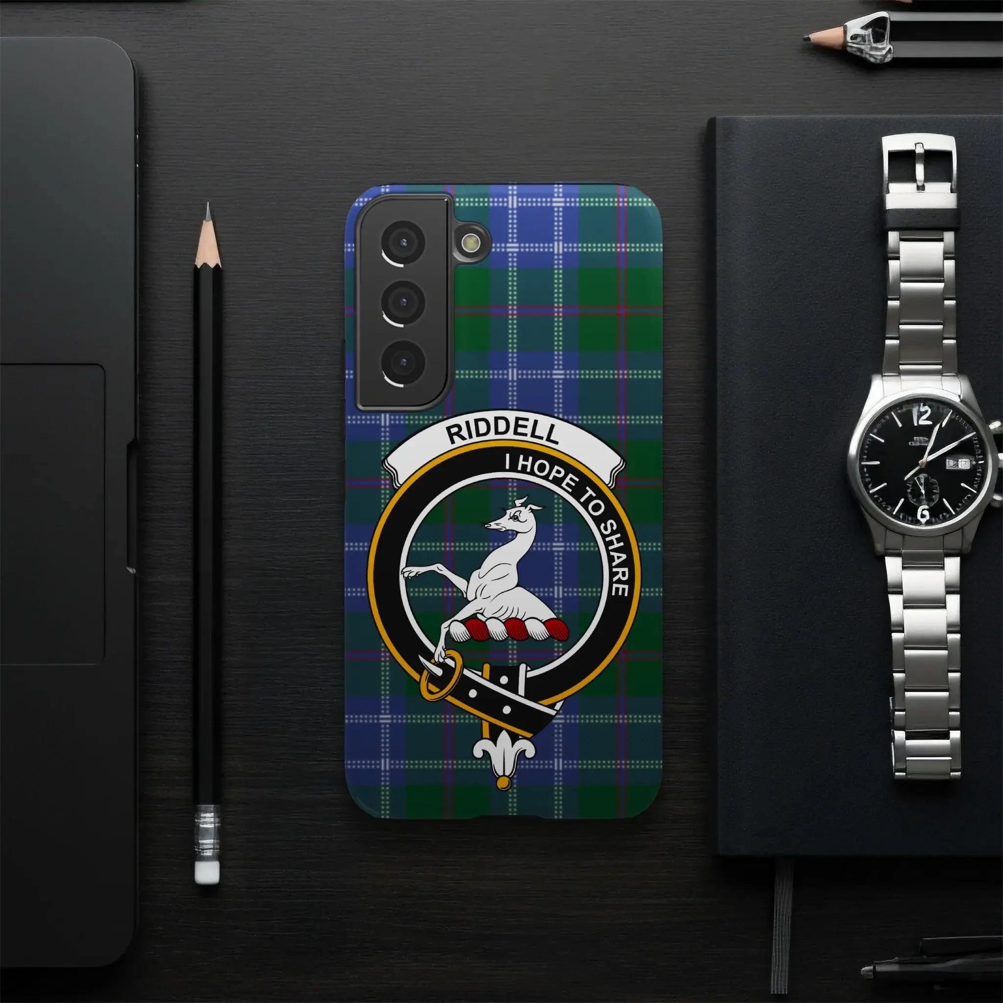 Riddell clan crest I Hope to Share phone cover — edge-to-edge print, slim glossy build