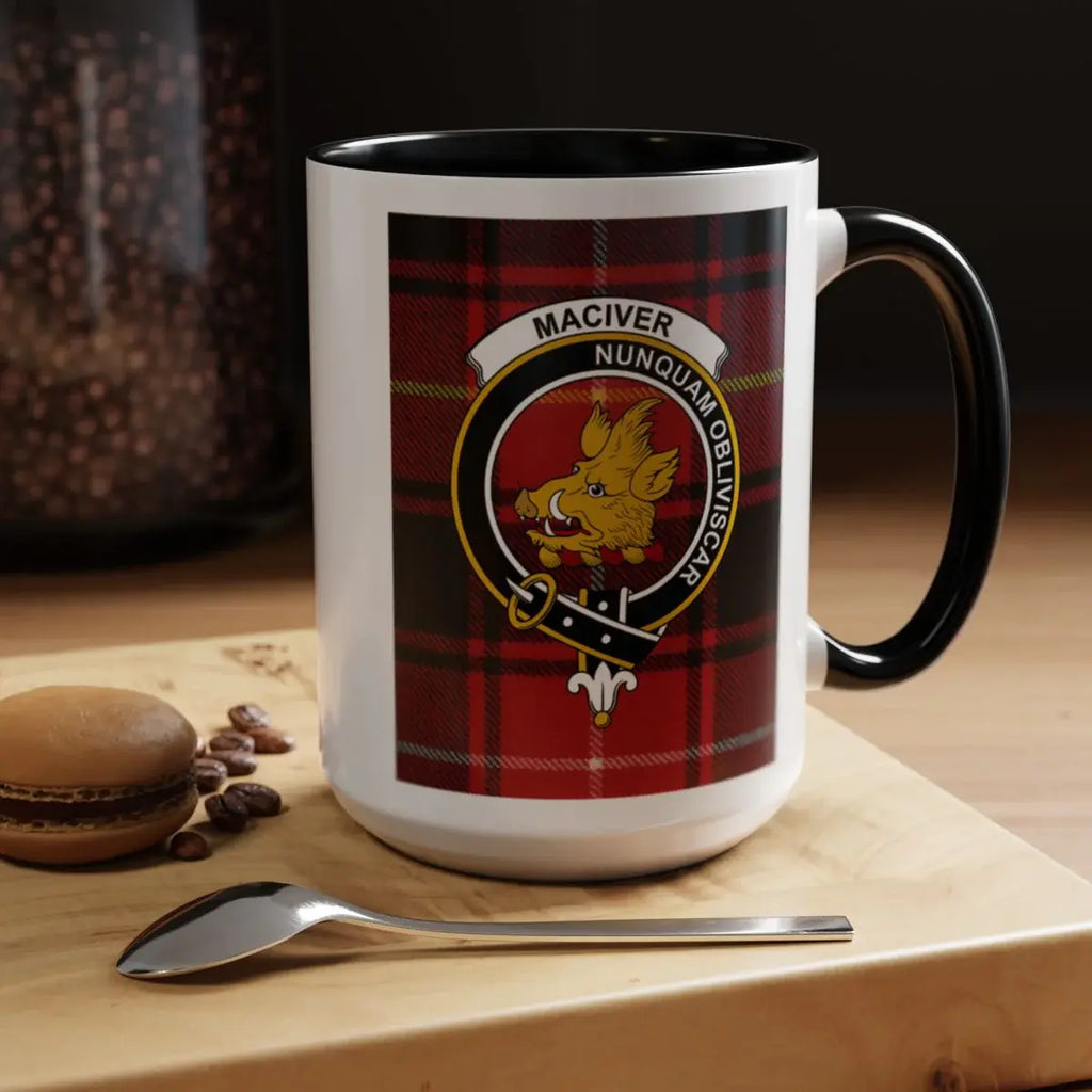 MacIver Nunquam Obliviscar plaid mug with navy handle — ceramic accent Scottish heritage cup