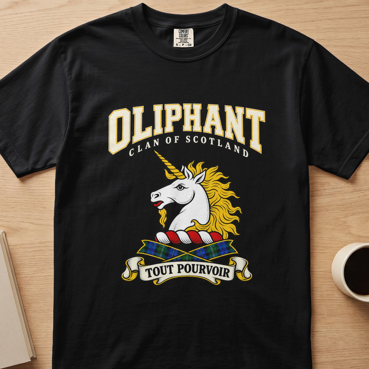 Oliphant clan T-shirt in black, front view with white unicorn head with a flowing gold mane