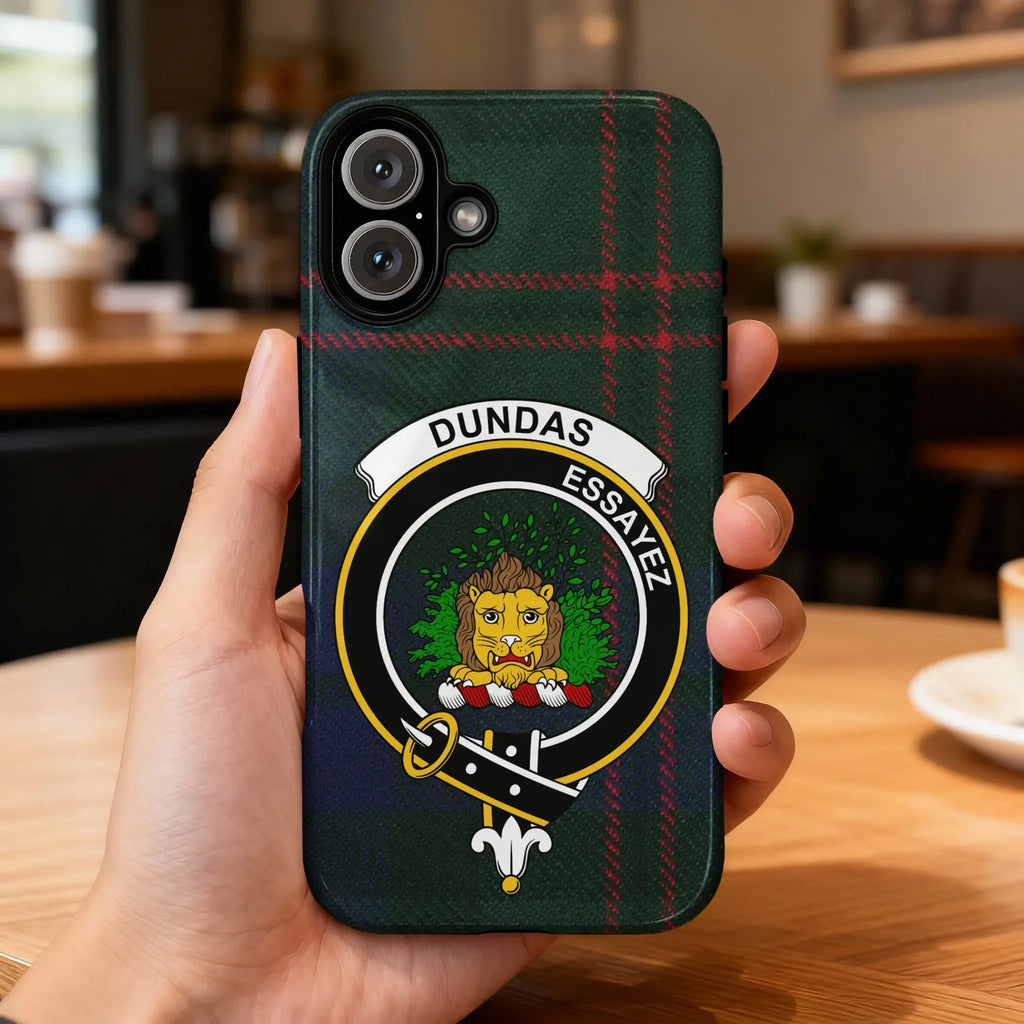 Clan Dundas tartan phone case — glossy 3D wrap print, lion crest and motto Essayez, iPhone model