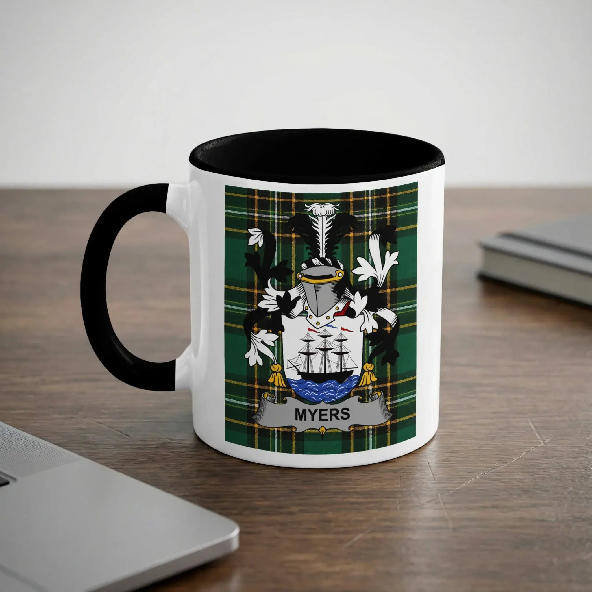 Myers Irish heritage mug with black handle and family crest