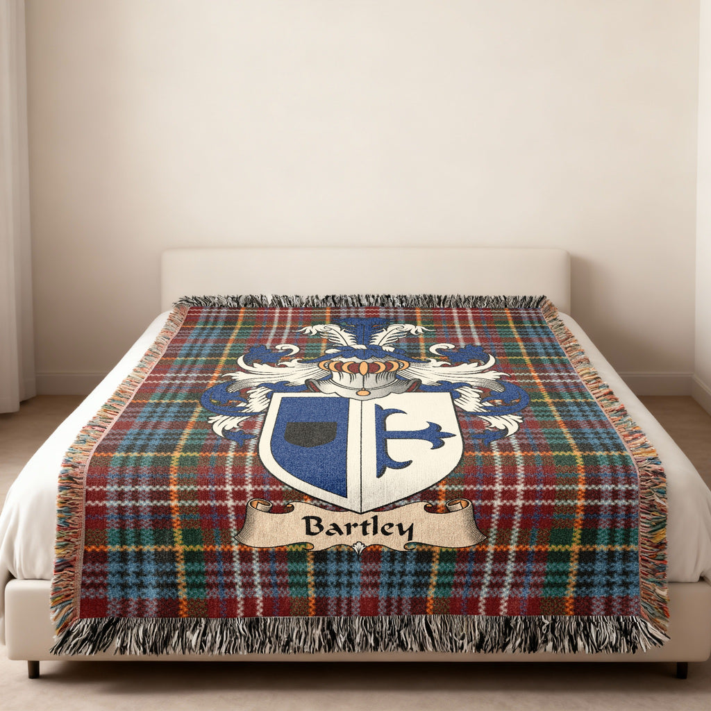 Bartley Caledonia tartan heritage woven throw blanket with family shield