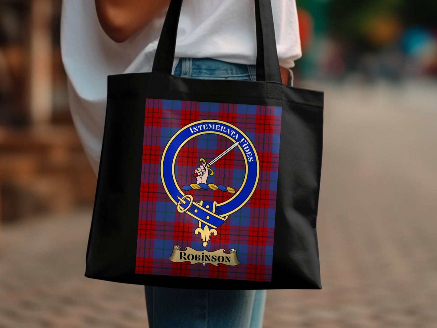 Vibrant Scottish Clan Crest on Tartan Background Tote Bag - Living Stone Gifts