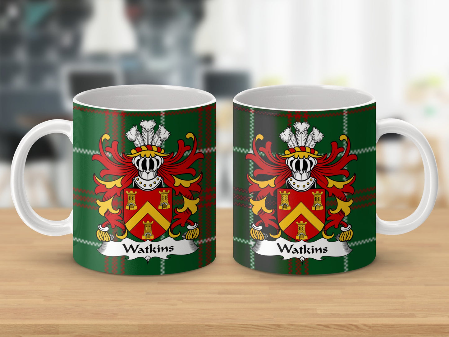 Watkins Coat of Arms on Welsh National Tartan Background Mug - Living Stone Gifts