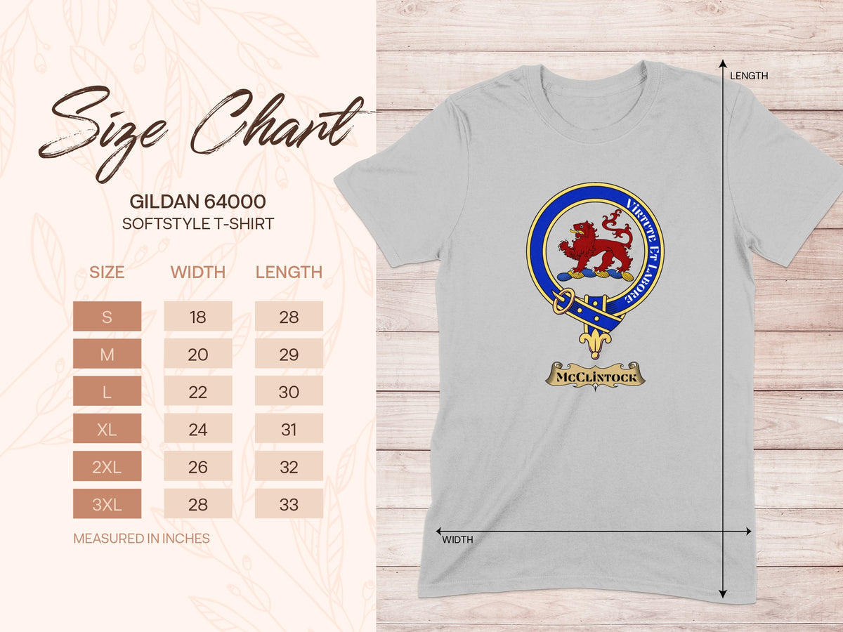 Gildan 64000 size chart for McClintock Scottish clan crest T-shirt