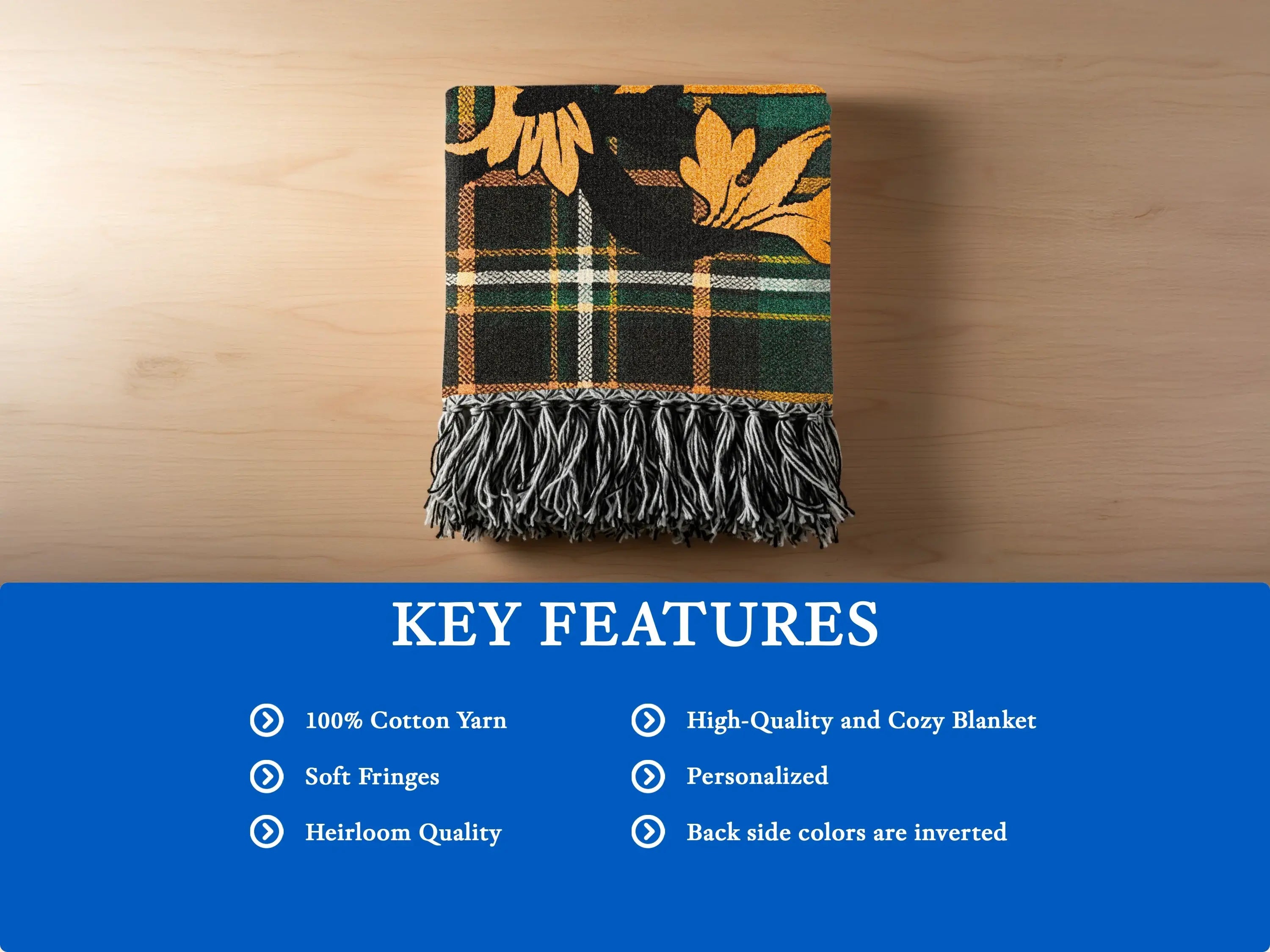 Tartan blanket with floral pattern, fringe, and key features list.