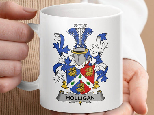 Holligan Irish Surname Family Crest Heraldry Graphic Art mug - Celtic Ancestry Gifts