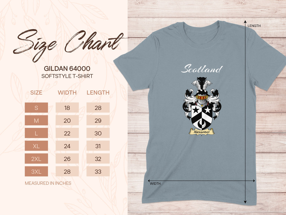 Gildan 64000 size chart for Alexander Scottish family shield T-shirt
