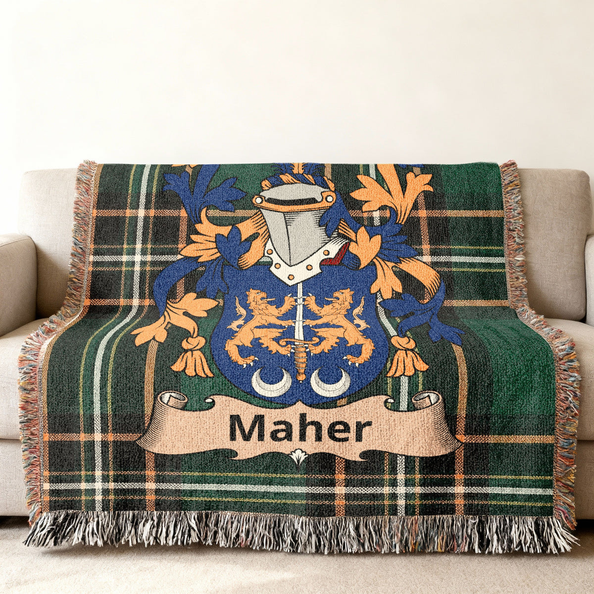 Maher surname cotton woven throw with Irish tartan-style background