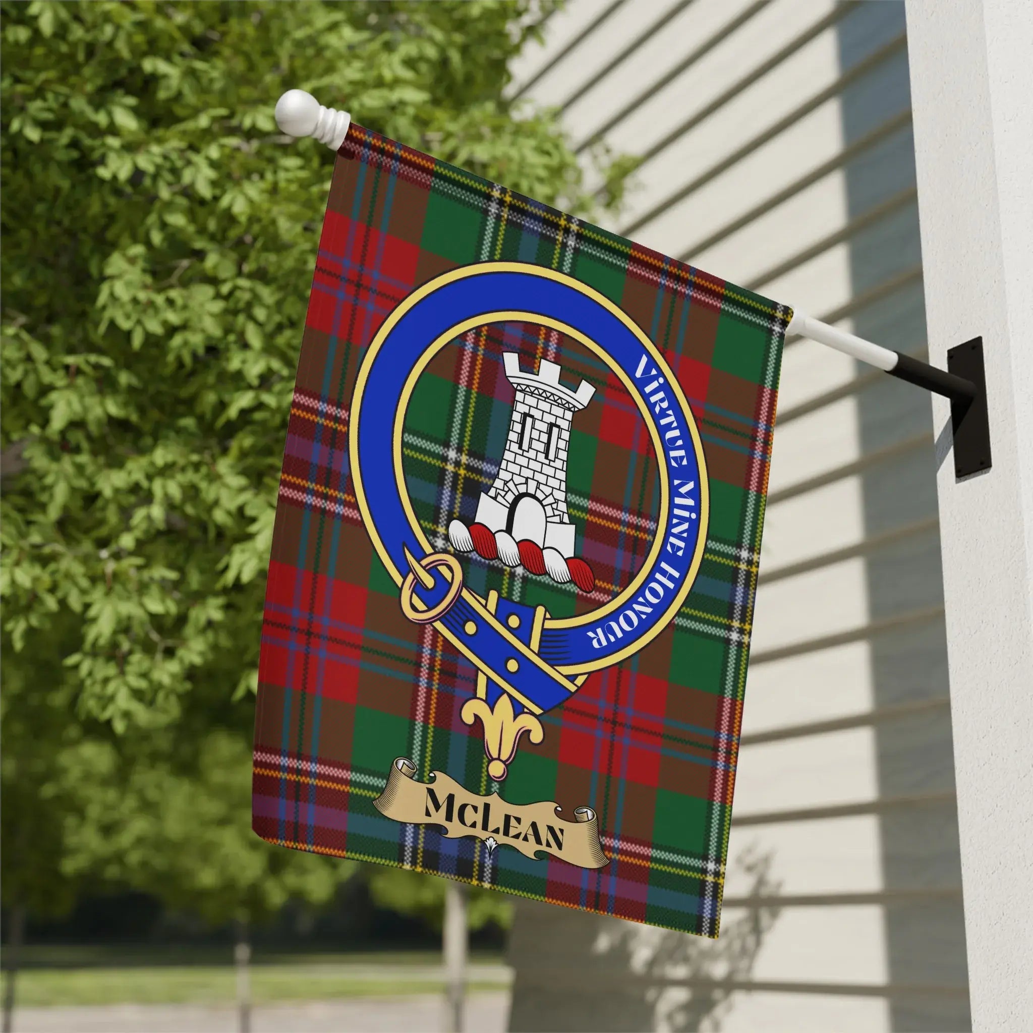 McLean tartan flag with clan crest and motto "Virtue Mine Honour".