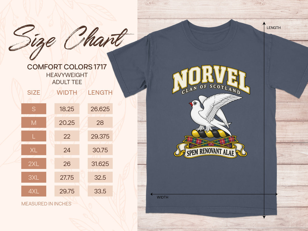 Comfort Colors 1717 size chart for the Norvel Scottish clan T-shirt, adult sizes S–4XL.