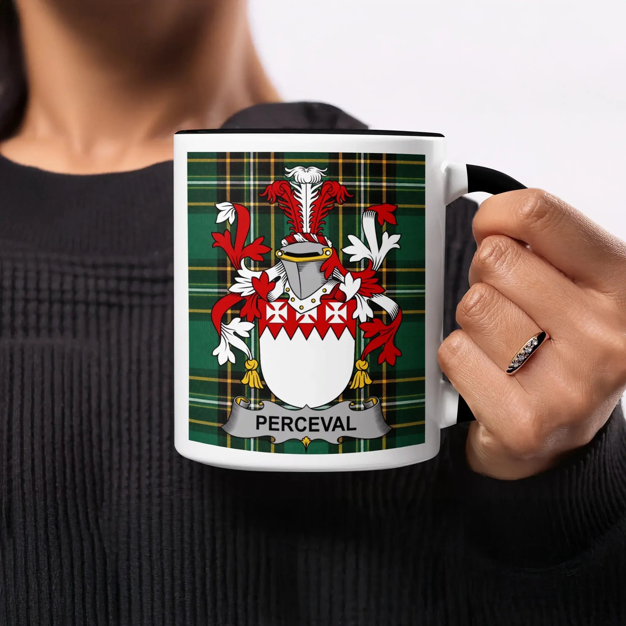 Perceval black accent mug with Irish National Tartan crest design