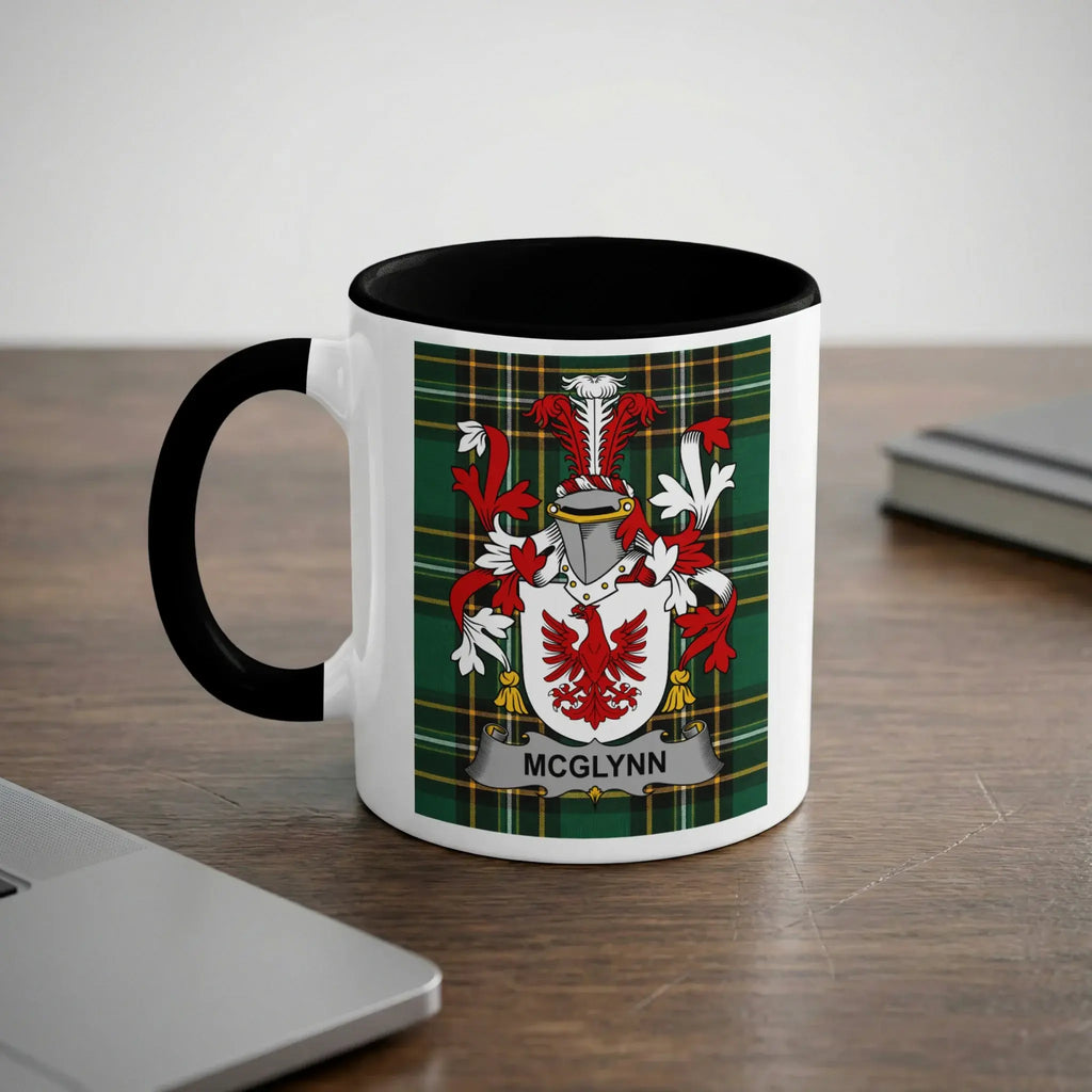 McGlynn Irish heritage mug with black handle and family crest