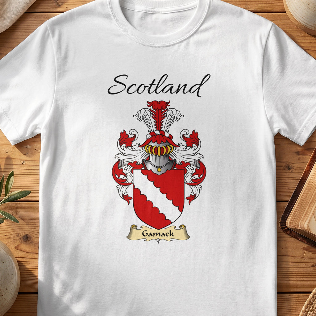 White Gamack Scottish family shield T-shirt featuring a white scalloped diagonal band on red