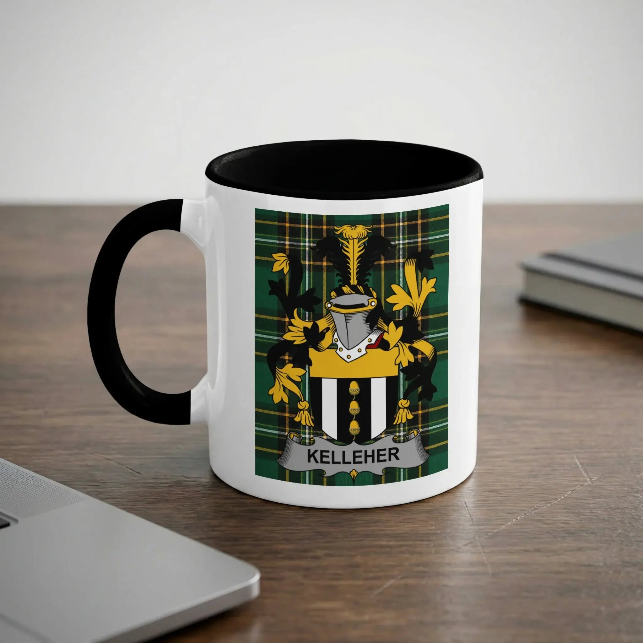 Kelleher Irish heritage mug with black handle and family crest