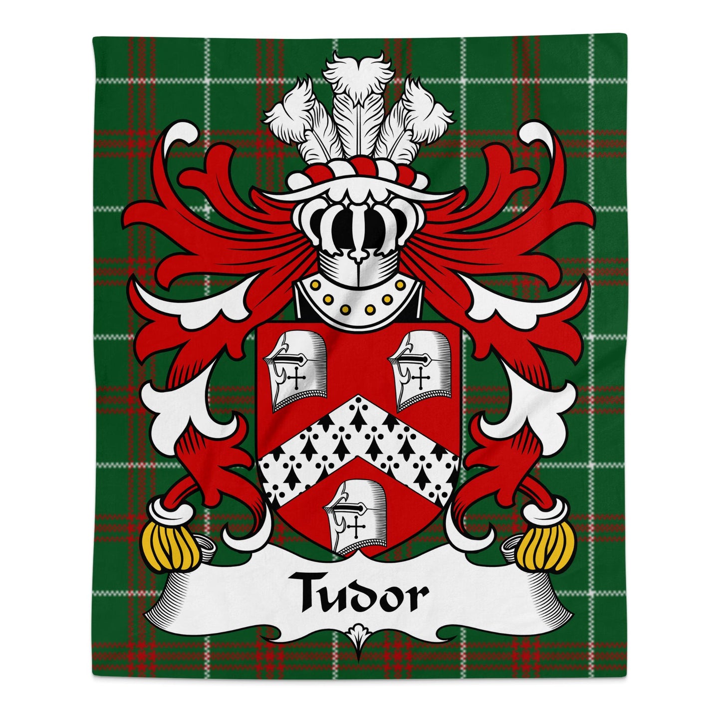 Tudor Welsh Surname Coat of Arms on Welsh Tartan Blanket - Living Stone Gifts