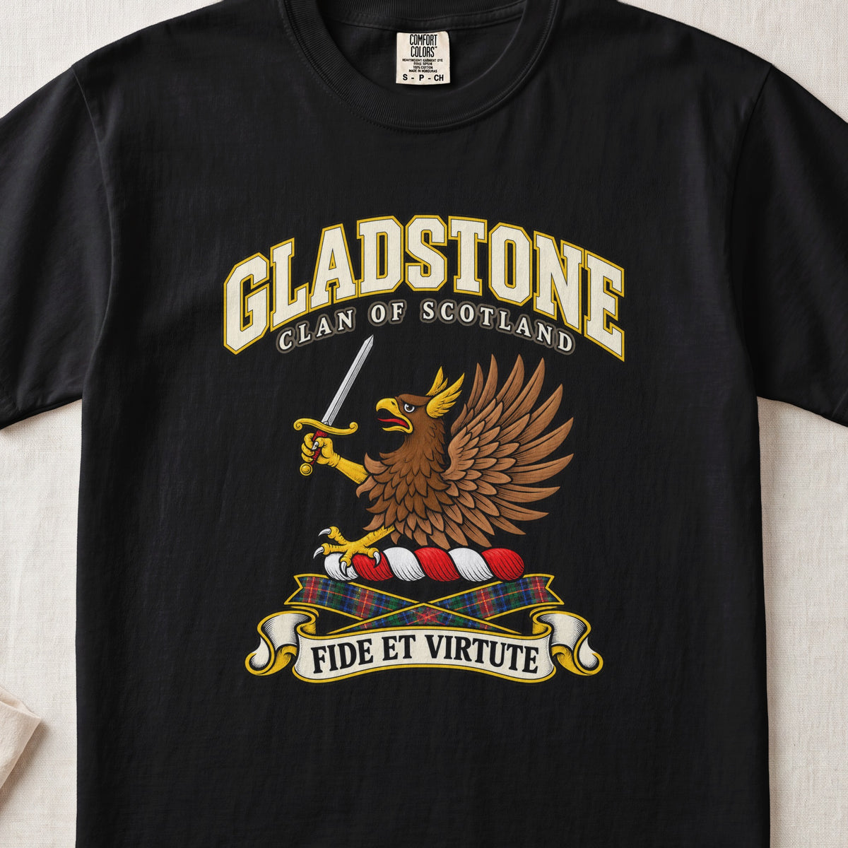 Gladstone Scottish clan T-shirt in Black, front view with a brown eagle holding a sword and motto design.