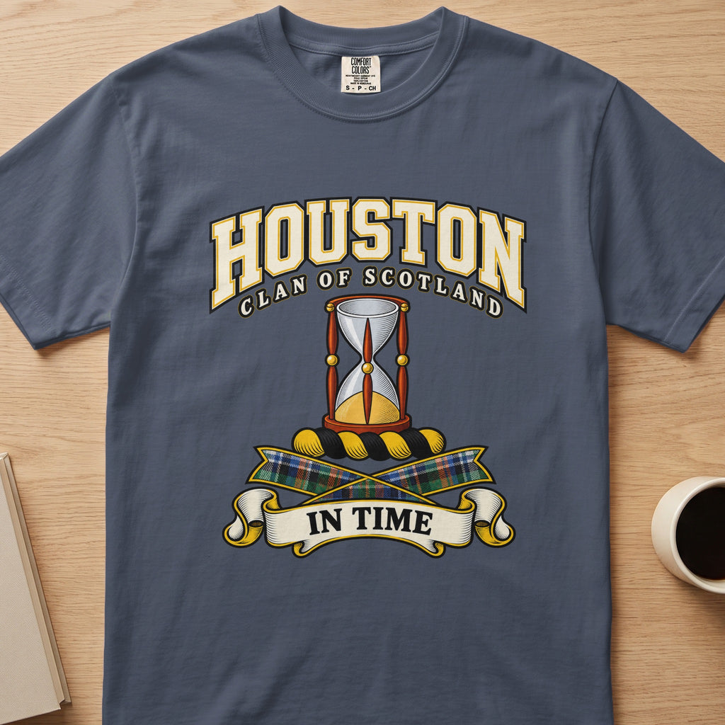 Houston clan crest with hourglass on a slate blue Comfort Colors T-shirt, front view