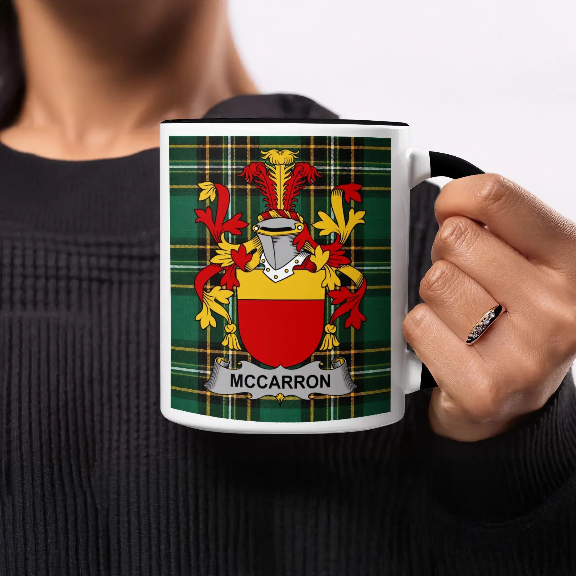 McCarron Irish heritage mug with black handle and interior