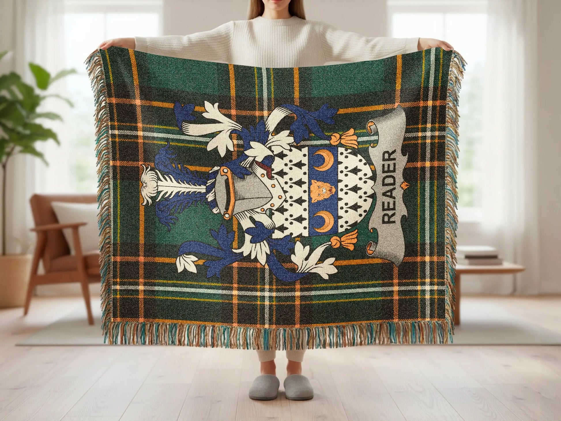 Tartan blanket with coat of arms and the word READER.