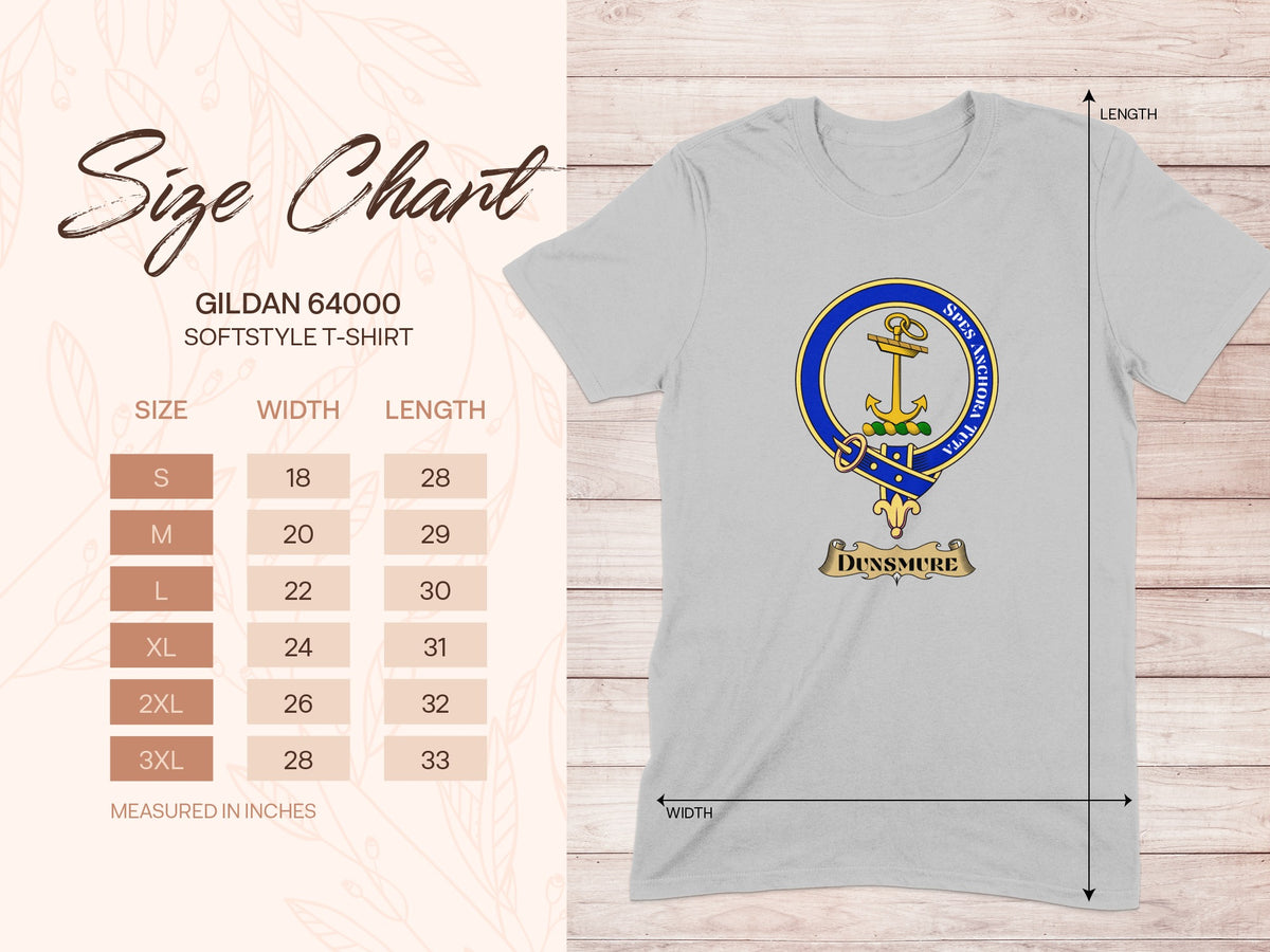 Gildan 64000 size chart for Dunsmure Scottish clan crest T-shirt