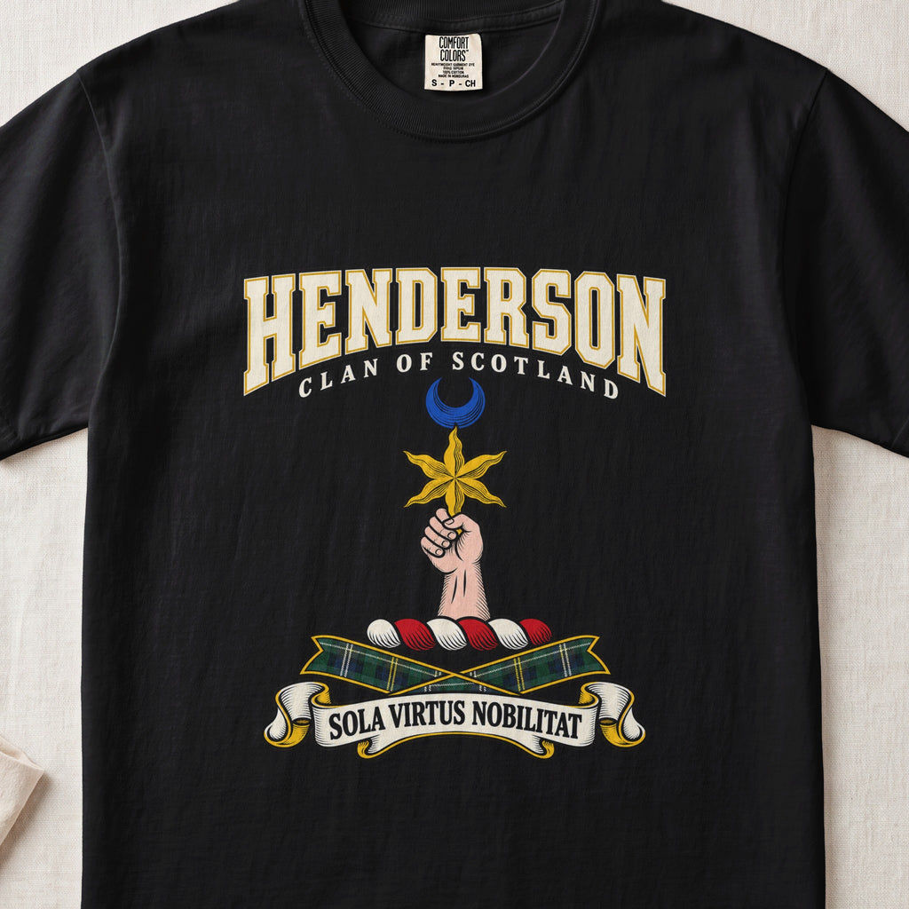 Black Henderson Scottish clan T-shirt, front flat lay with varsity lettering, star-and-crescent crest and tartan ribbon.