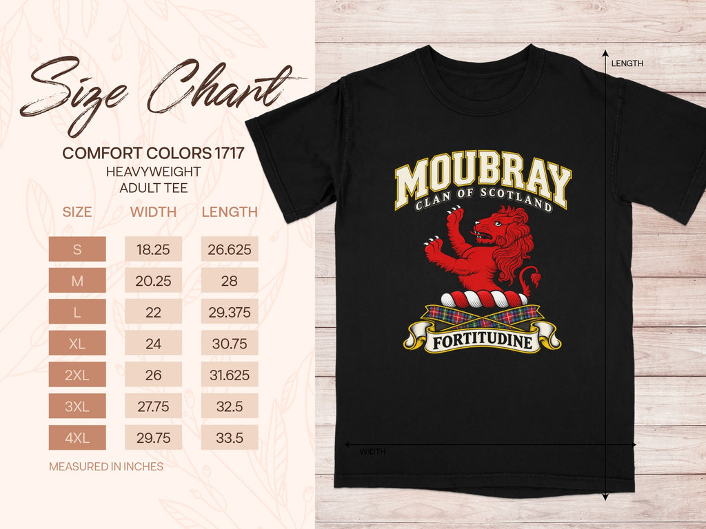 Comfort Colors 1717 size chart for the Moubray Scottish clan T-shirt, adult sizes S–4XL.