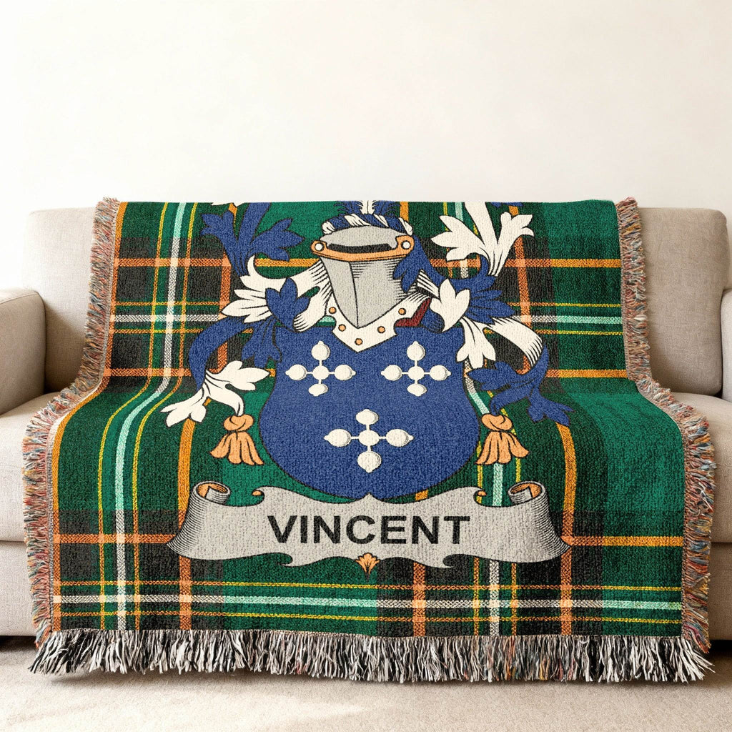 Green tartan blanket with Vincent family crest and name.