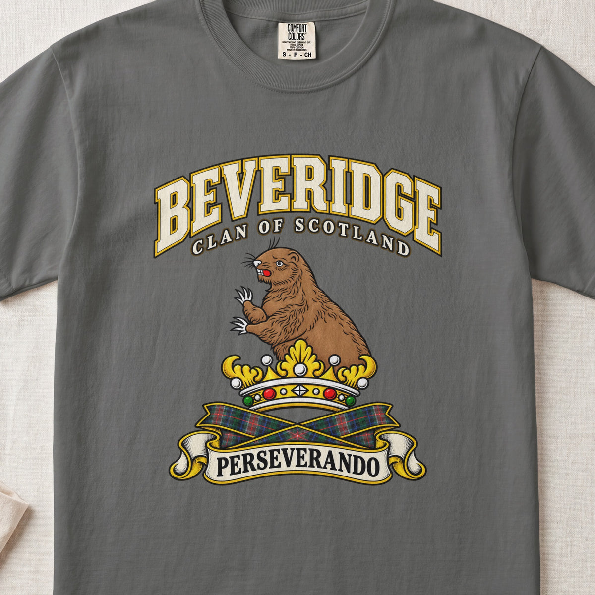 Beveridge Scottish clan T-shirt in Pepper, front view with a brown beaver above a gold crown and motto banner.