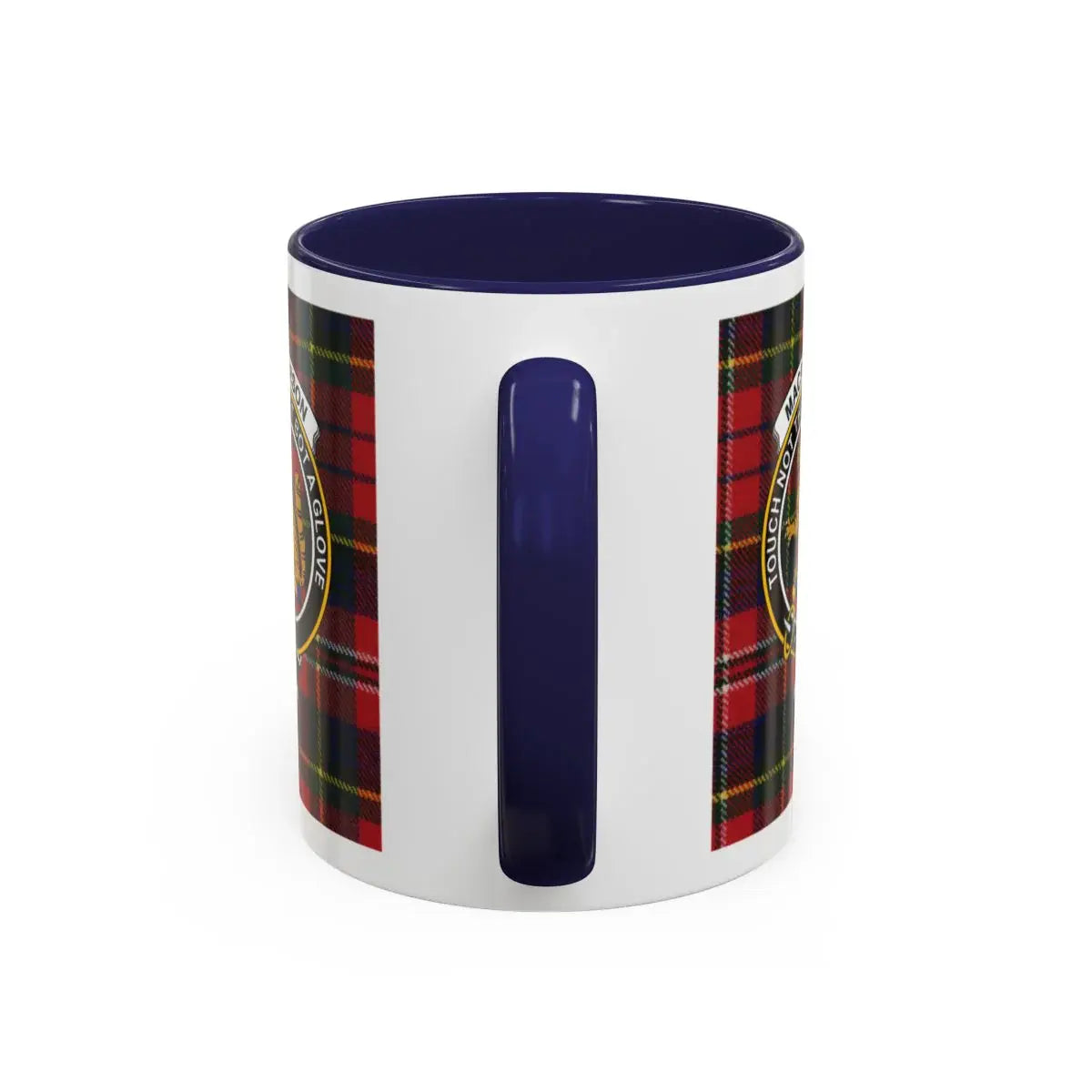MacPherson tartan accent mug with navy interior — 15oz ceramic Scottish clan drinkware