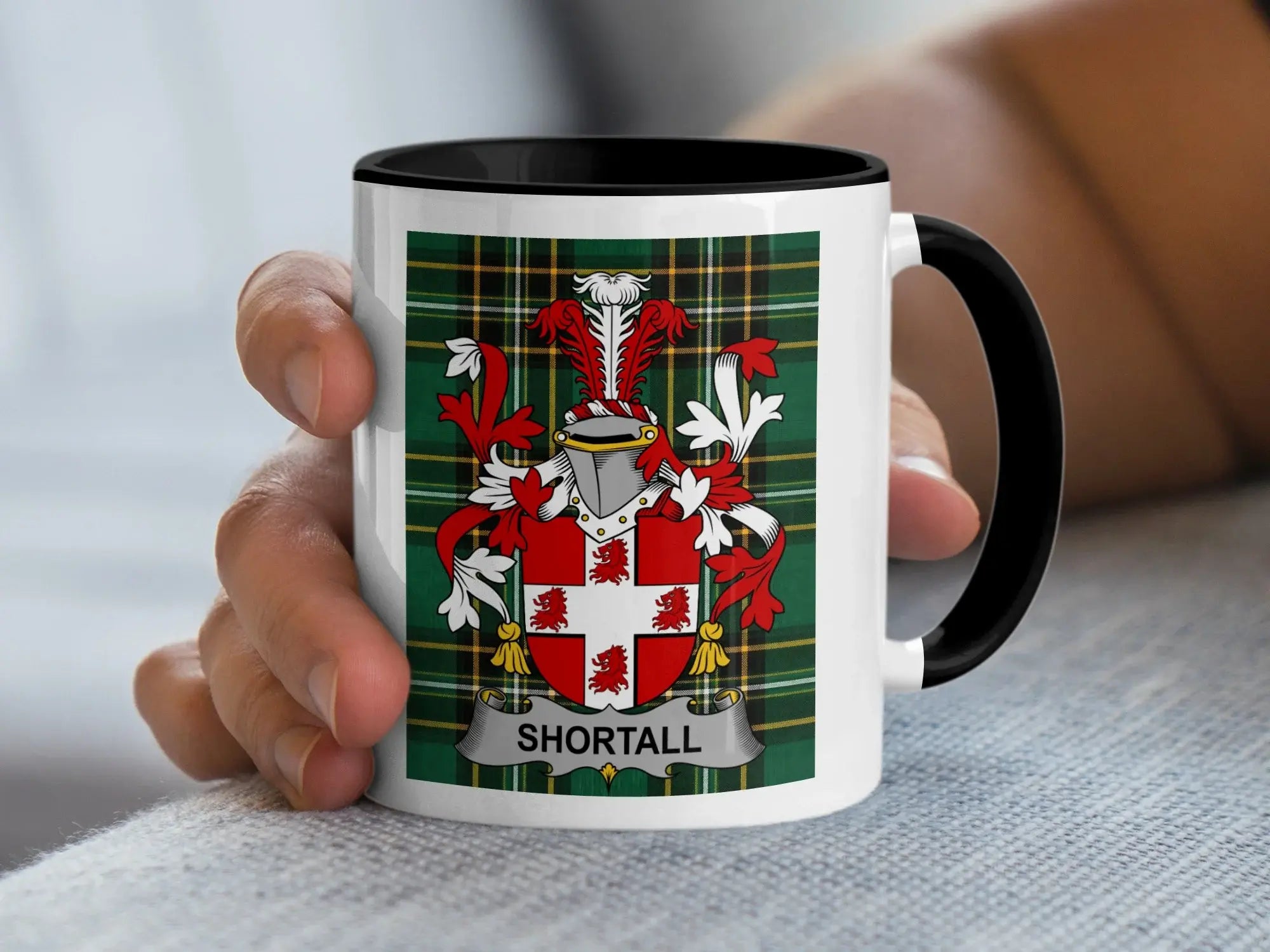 Shortall Irish family crest black accent mug with Irish National Tartan