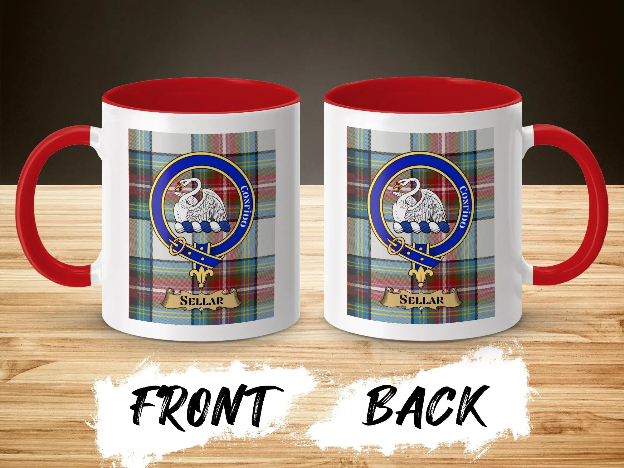 Sellar tartan-background crest mug shown as a Scottish heritage gift