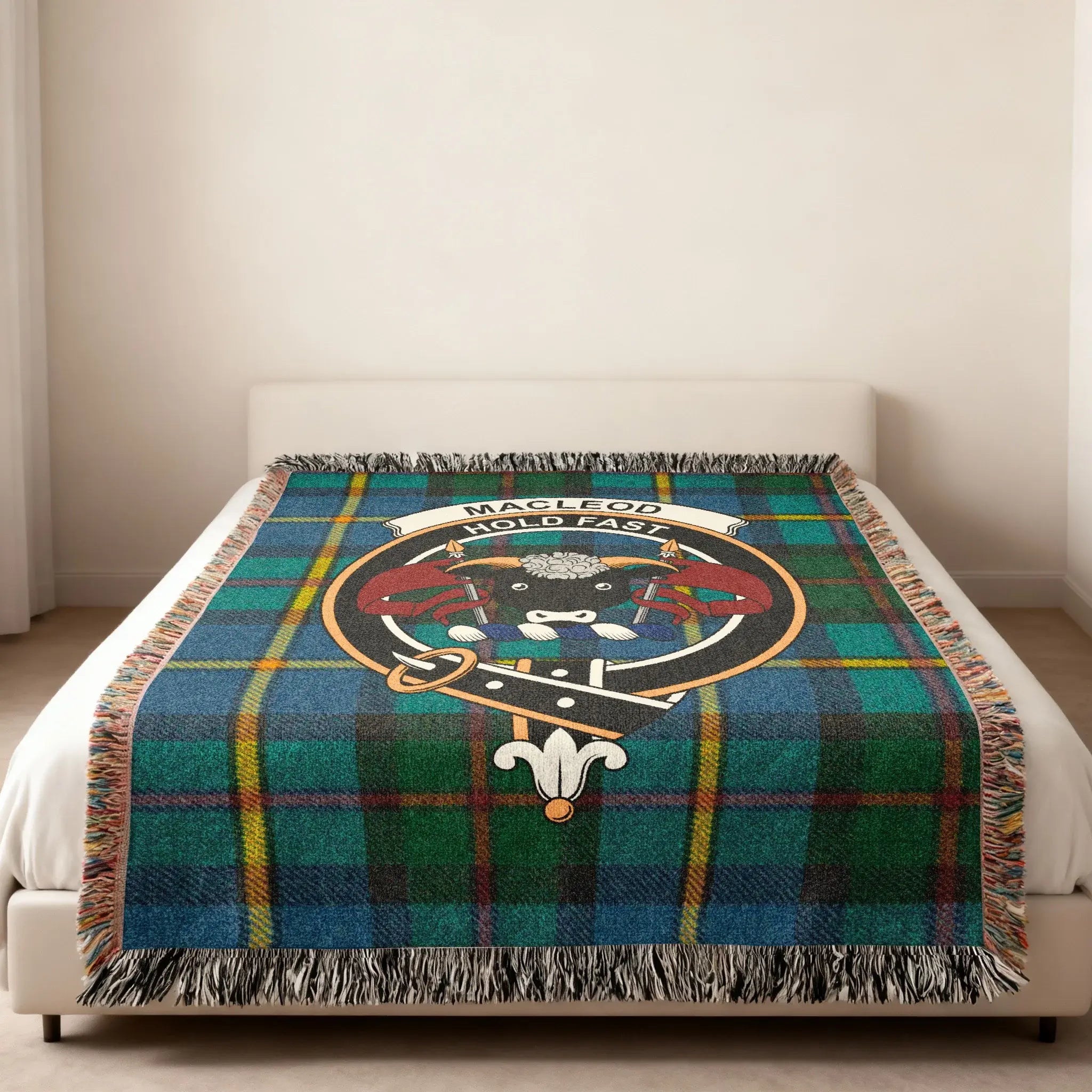 MacLeod Hold Fast plaid emblem cosy woven blanket — 100% cotton with clan crest